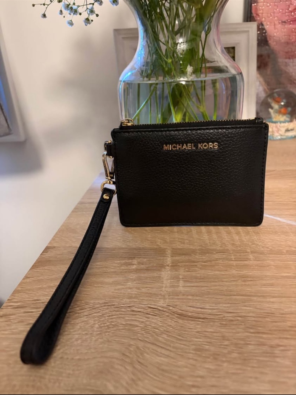Michael Kors Black Leather Wristlet Card Holder with Gold Logo
